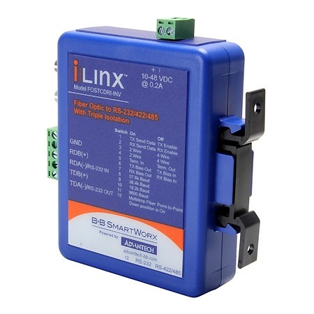 Serial Converter, RS-232/422/485 TB to MM Fiber ST (Inverted), Ind. DIN